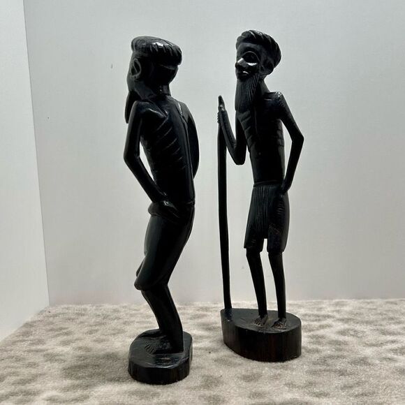 Vintage Pair of Hand Carved Tanganyika East African Tribesmen Statues Ebony 10”H - Picture 6 of 12